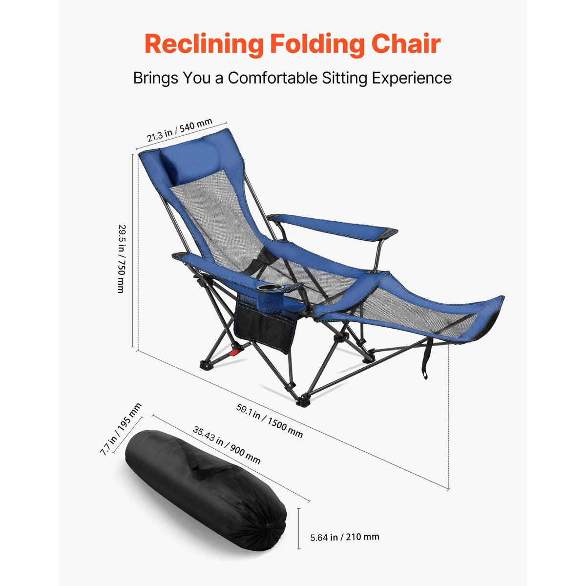 Heavy-Duty Portable Folding Camping Chair with Recline and Footrest - Blue