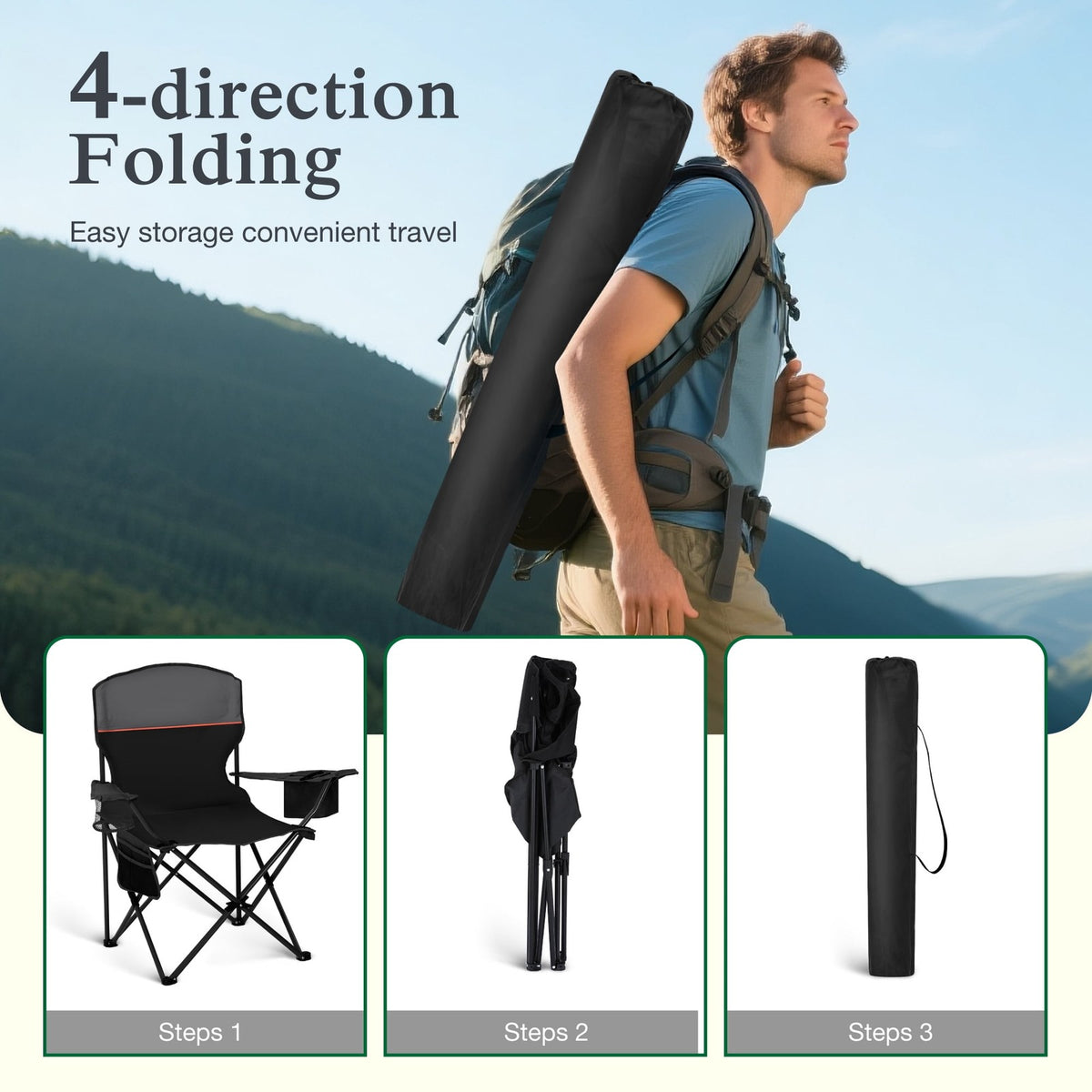 Portable Camping Chairs 2-Pack with Cooler Bag & Side Pocket, Folding Outdoor Seating