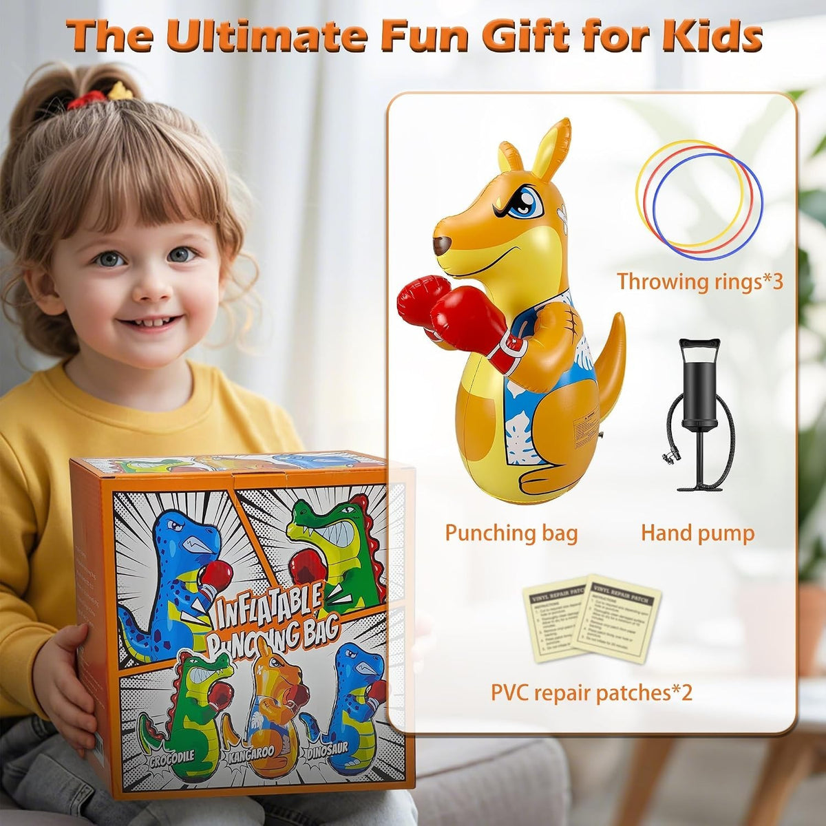 Kangaroo-Themed Inflatable Punching Bag for Kids, Active Sensory Play, 50 Inches