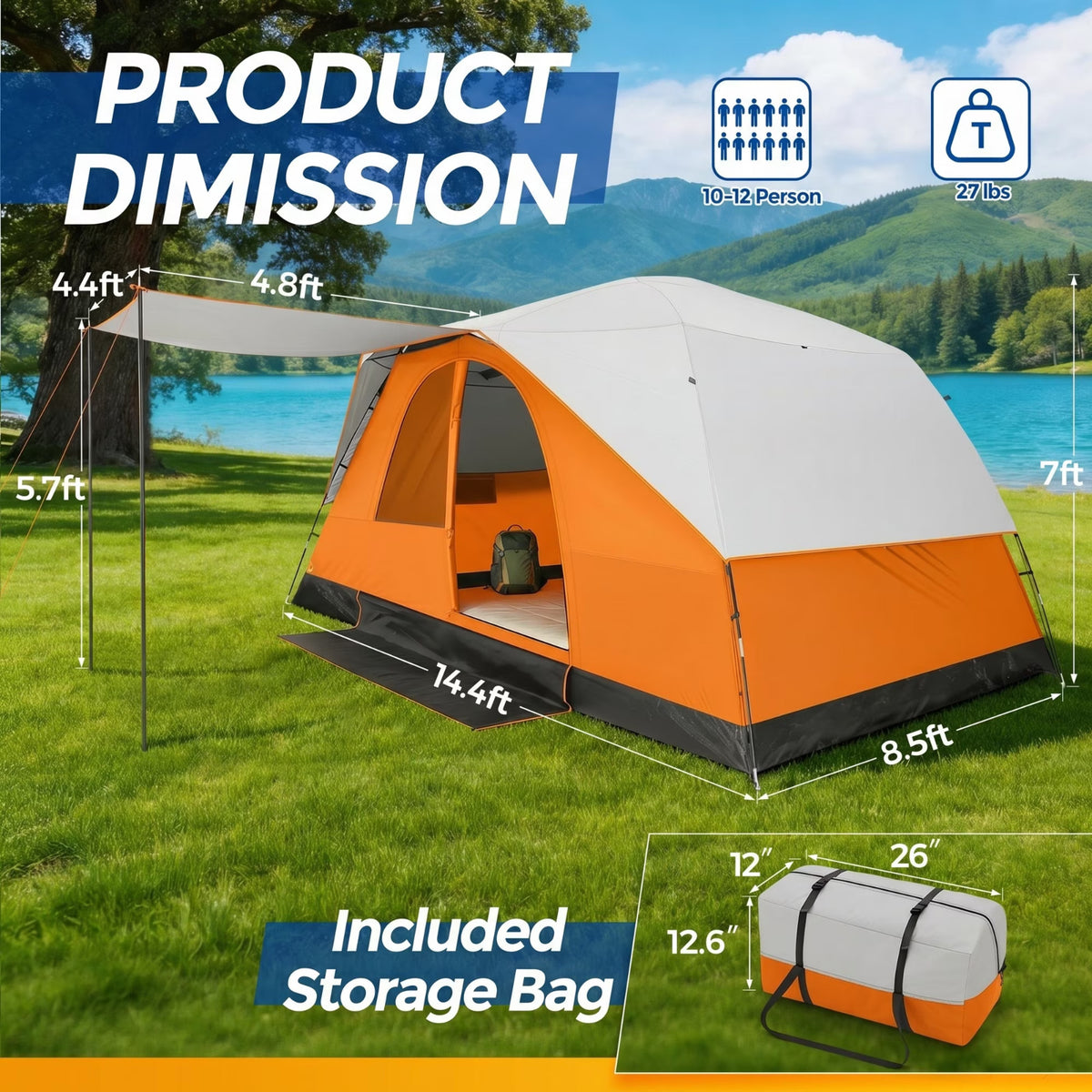 10-12 Person Camping Tent with Rainfly and Screen - Easy Setup, All-Weather Waterproof