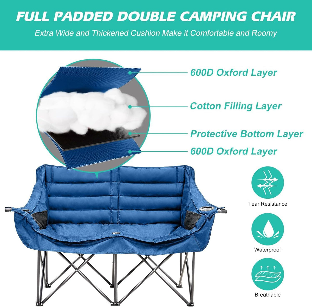 Heavy Duty Double Camping Chair for 2 People Folding Loveseat 990lb Capacity