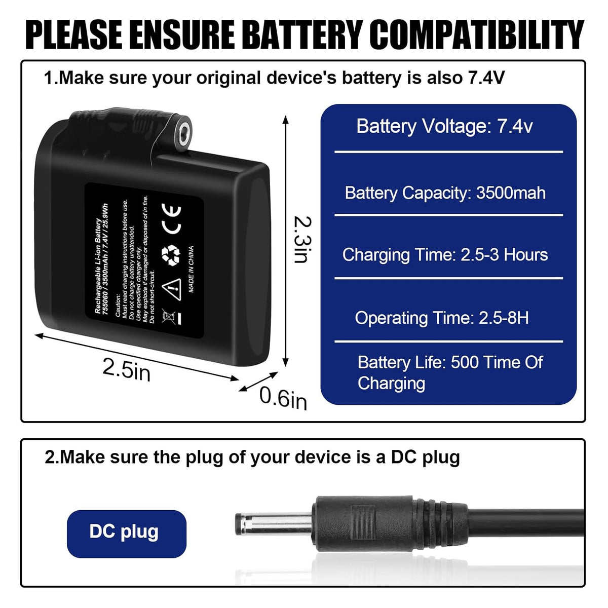 Rechargeable 7.4V 3500mAh Battery Pack for Heated Gloves and Socks - 2 Pack