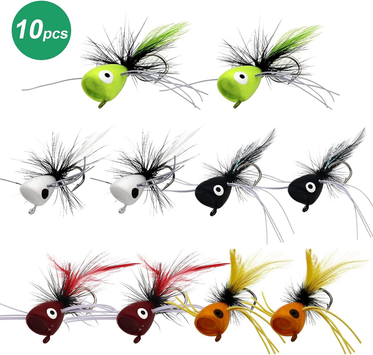 Fly Fishing Poppers Set for Bass, Trout & Panfish - 10 Colorful Flies with Hooks