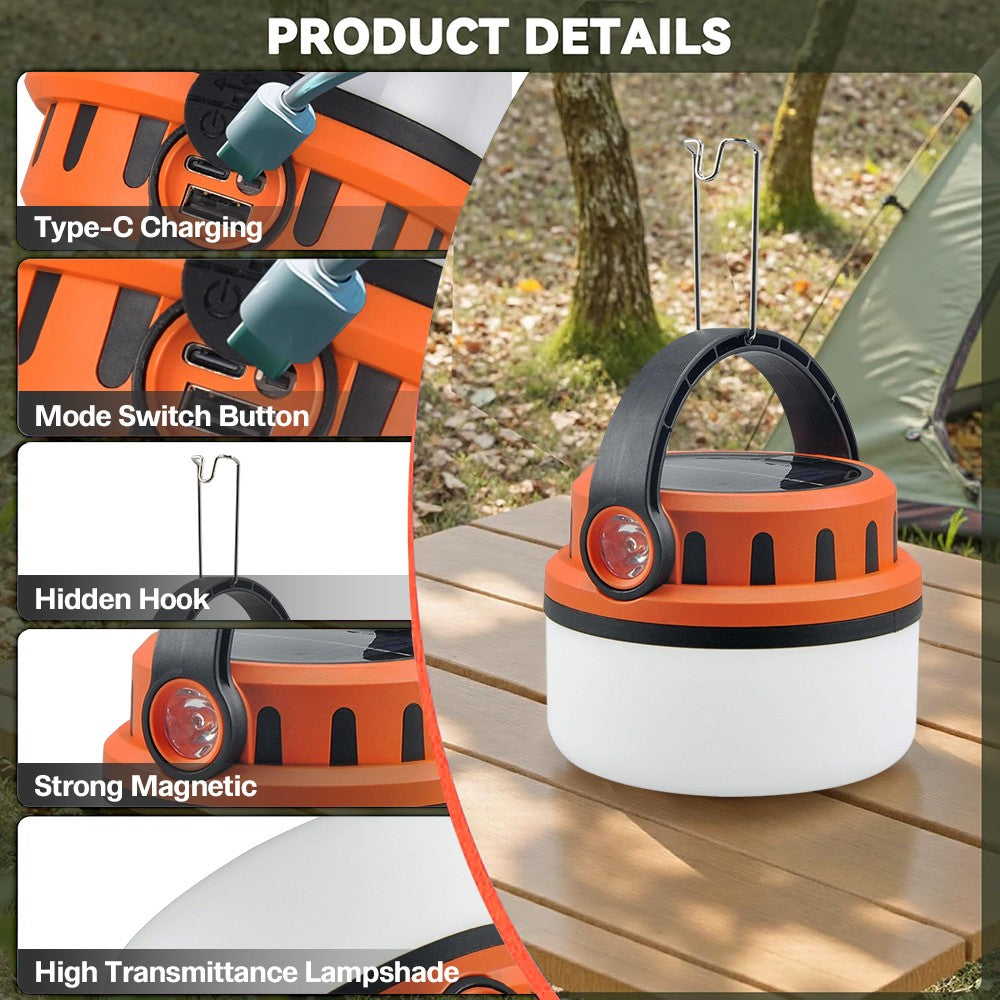 Rechargeable LED Camping Lantern with Solar Power, Waterproof & 4 Lighting Modes