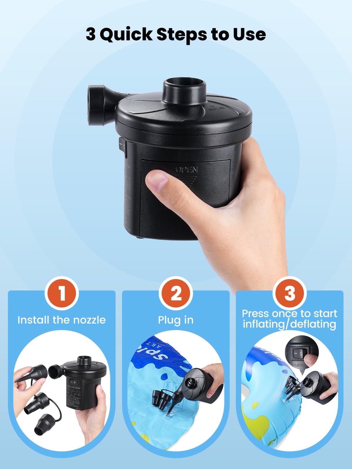 Electric Air Pump for Inflatables with 3 Nozzles Portable Quick Inflator