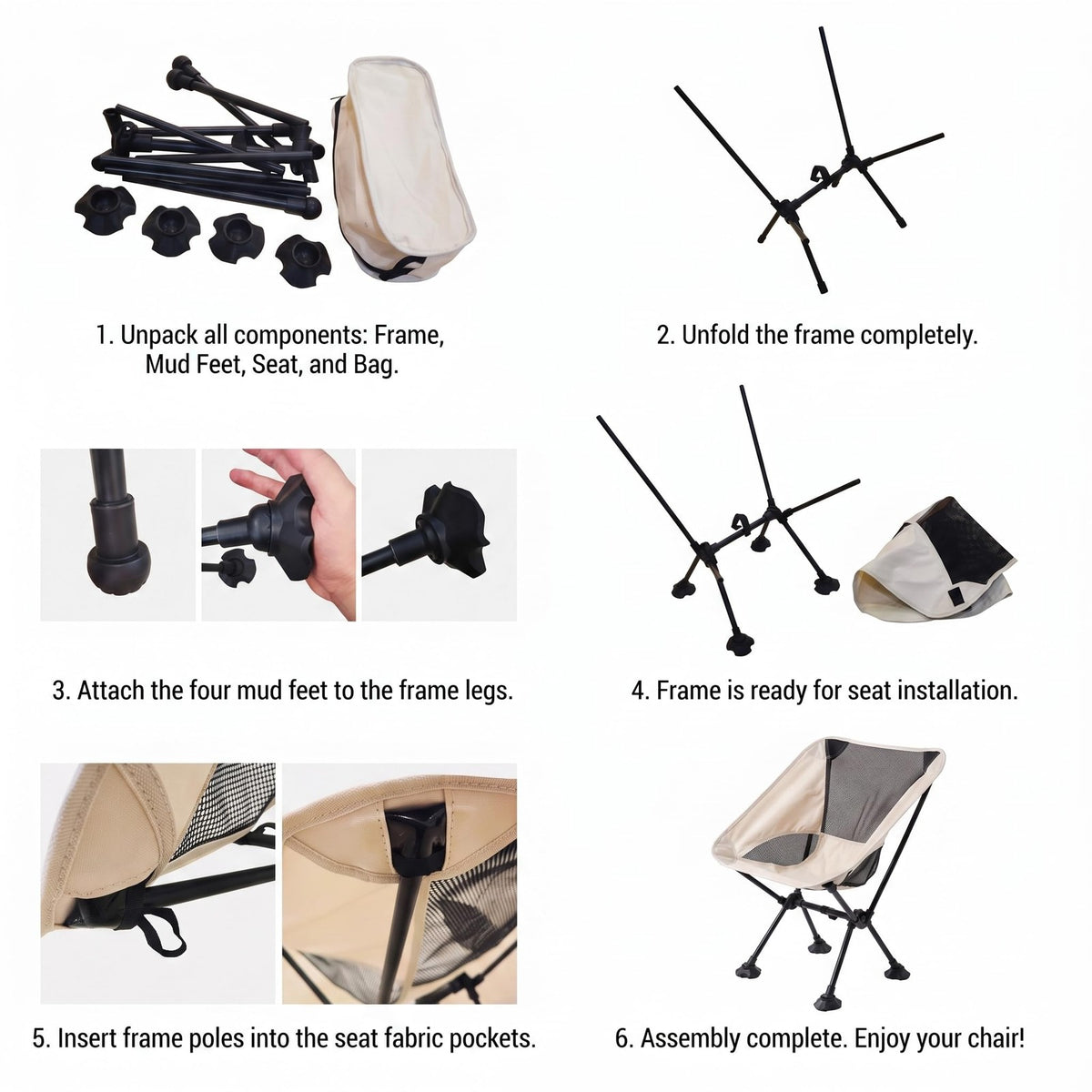 Ultralight Portable Camping Chair with Mud Feet Sinking Prevention - Foldable Beige