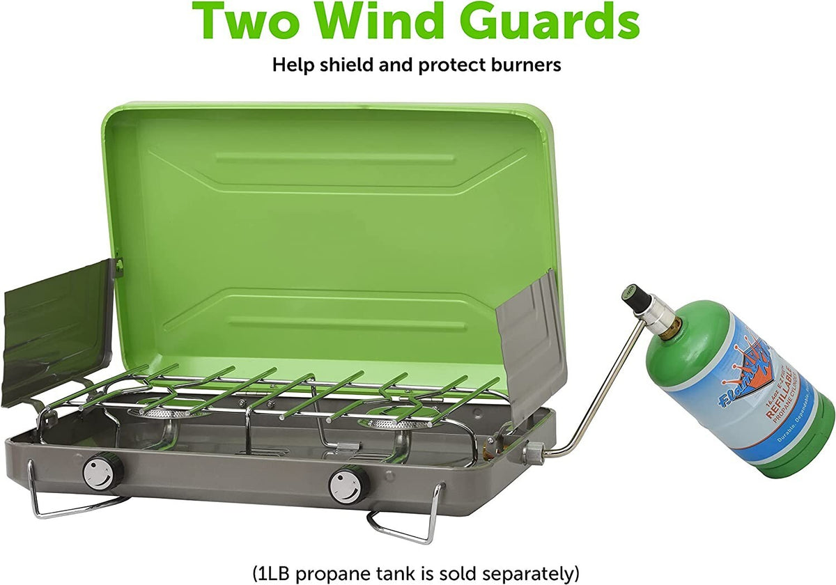 Portable 2 Burner Camping Stove with Wind Shields, 20,000 BTU