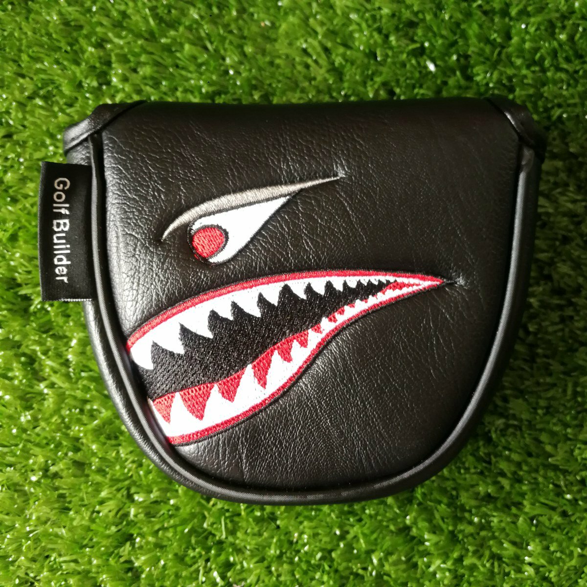 Black Leather Shark Embroidery Golf Mallet Putter Head Cover Magnetic Closure