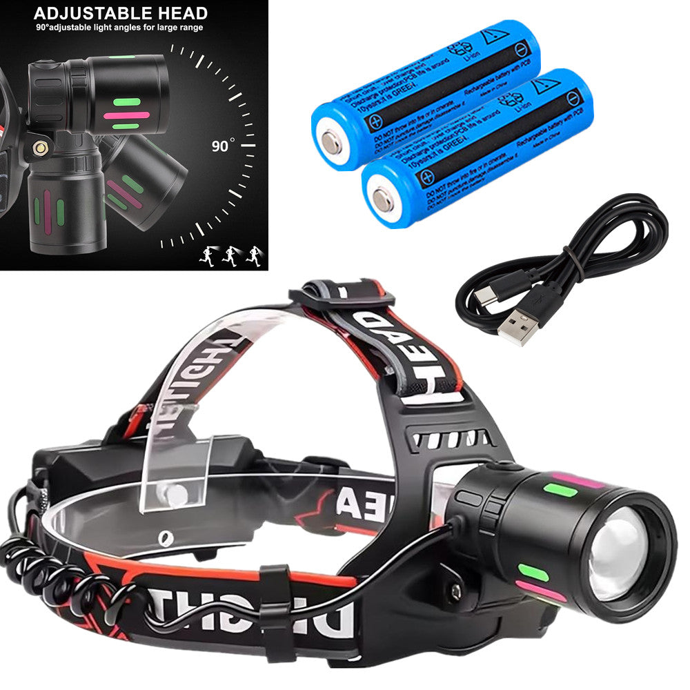 Rechargeable LED Headlamp with Zoomable Focus, Waterproof, 90° Swivel, USB-C