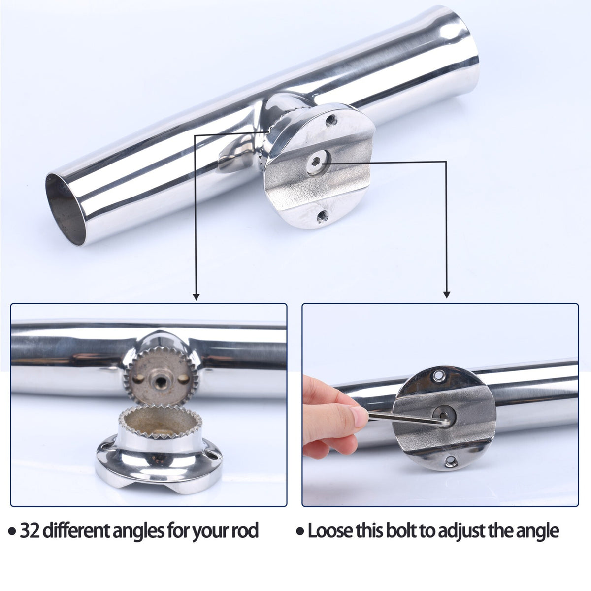 Marine Fishing Rod Holder Stainless Steel Clamp-On 1-1/4"-2" Rod Rack