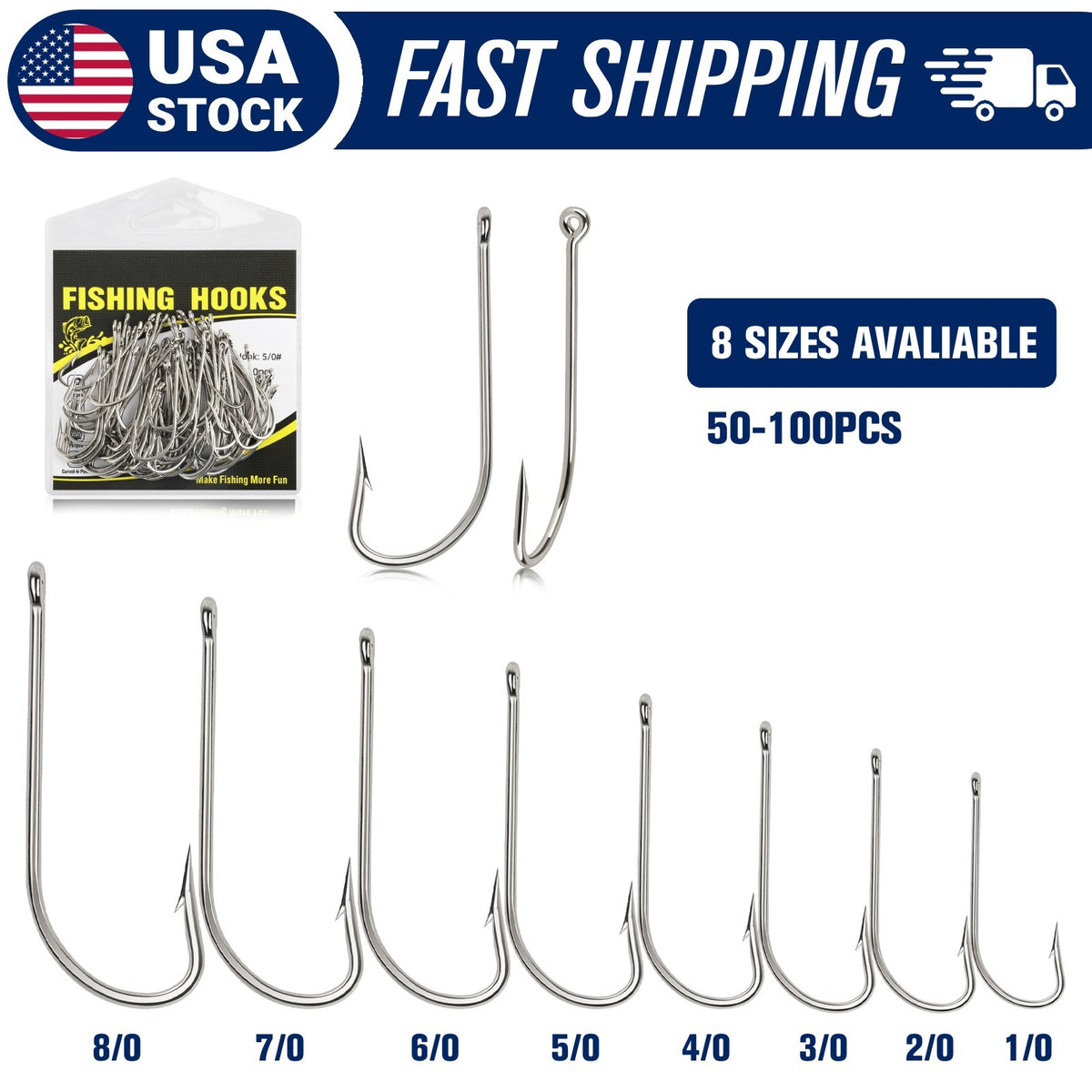 Saltwater Fishing Hooks Set - Long Shank O'Shaughnessy J Hooks for Bait & Trolling
