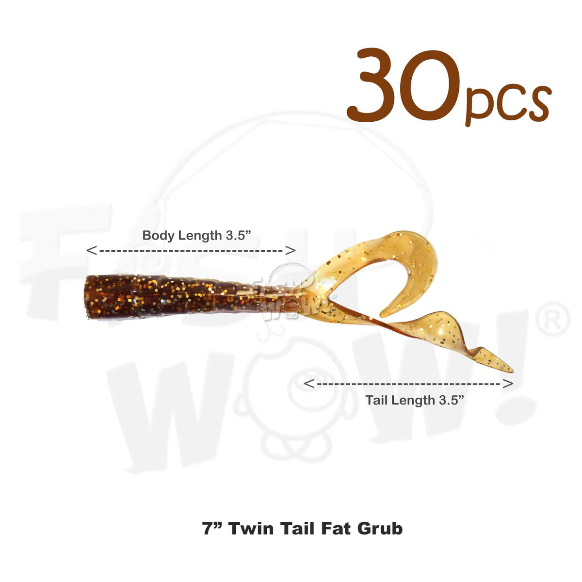 30 Pack 7-Inch Soft Plastic Twin Tail Grub Fishing Lures - Root Beer Color