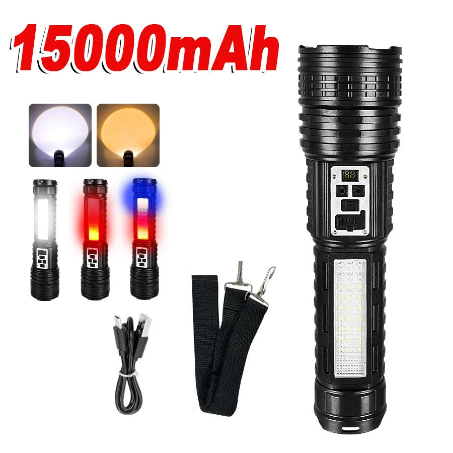 High-Power LED Flashlight with Long Range Zoom, COB Side Light & 15000mAh Battery