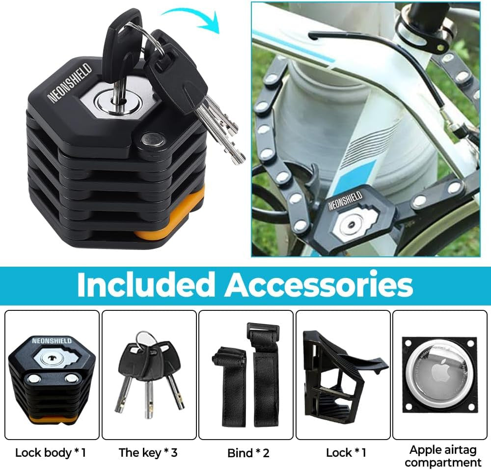 Heavy Duty Folding Bike Chain Lock with Mount and Glow-in-Dark Feature
