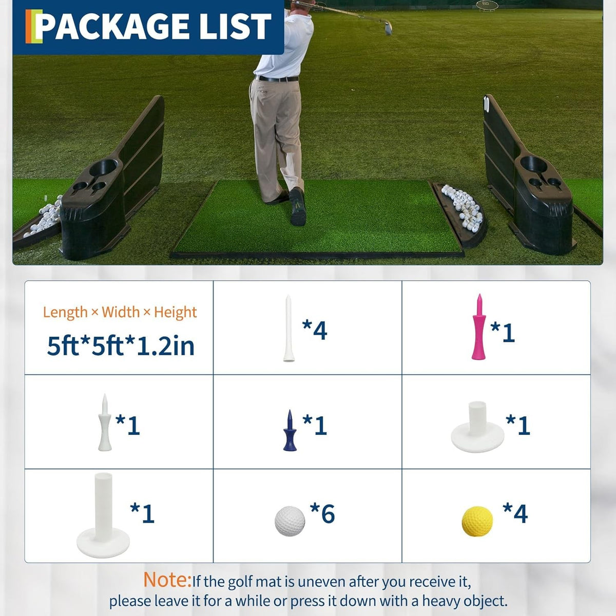 Golf Hitting Mat 5x4 ft Premium Turf for Realistic Practice with 6 Tee Slots