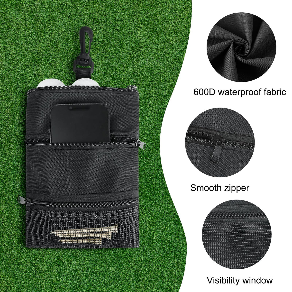 Golf Tee Bag with Pockets and Clip-On Storage for Balls & Accessories