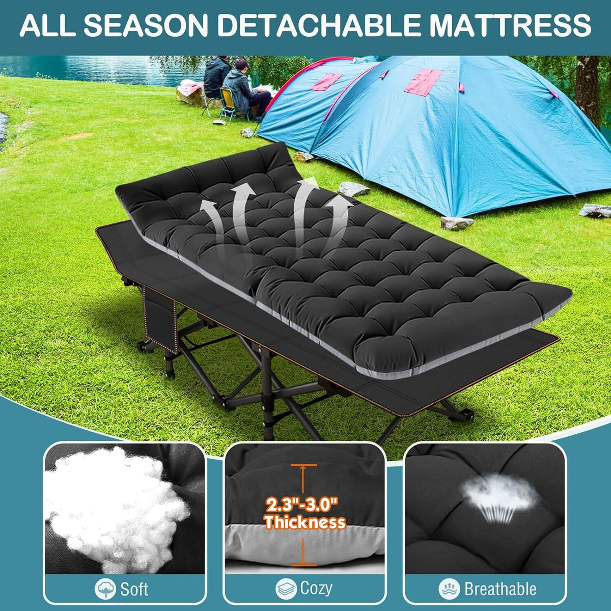 XXL Camping Cot with Mattress - Extra Wide Foldable Bed for Adults, Portable Travel Bed
