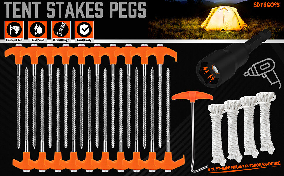 Heavy Duty Tent Stakes with Ropes and Hook - Steel Camping Pegs Set