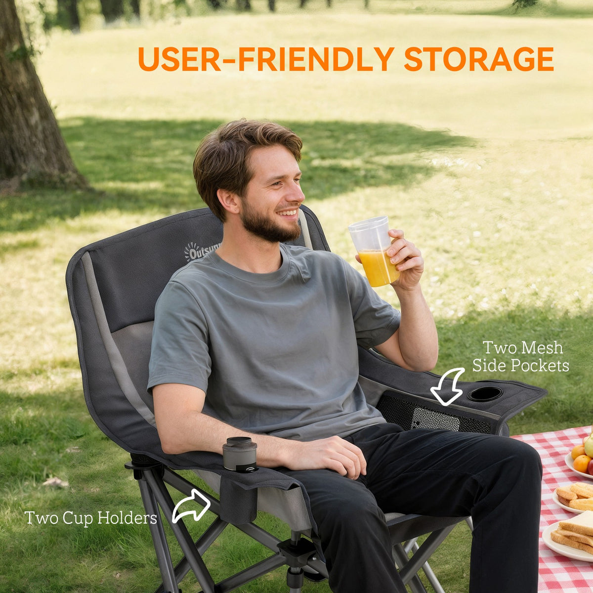 Portable Folding Camping Chair with High-Density Padding, Cup Holders and Side Pockets, Black and Gray