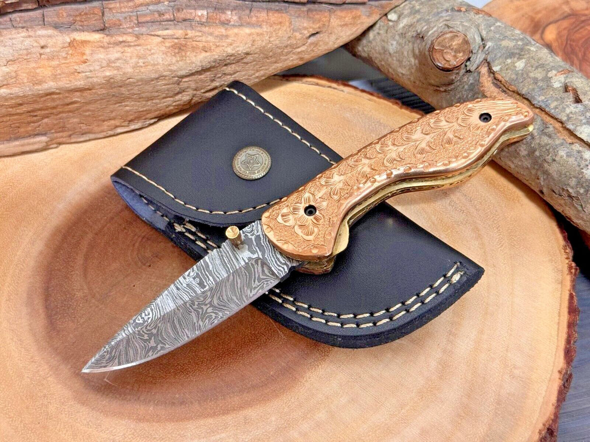 Damascus Folding Pocket Knife with Small Defects Handmade, Multiple Variants