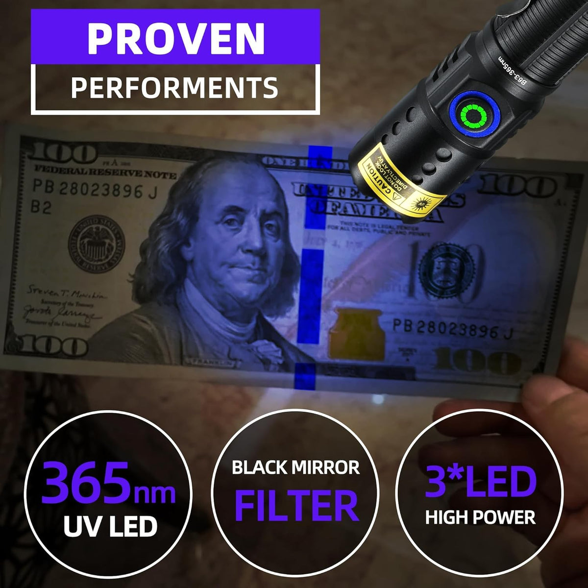 High Power 20W 365nm UV Flashlight with 3 LEDs, Rechargeable, Security & Fluorescent Inspection