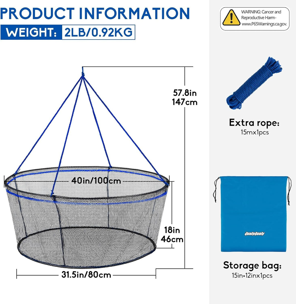 Foldable Heavy Duty Fishing Net with Rope - Rubber Coated Landing Net for Minnows