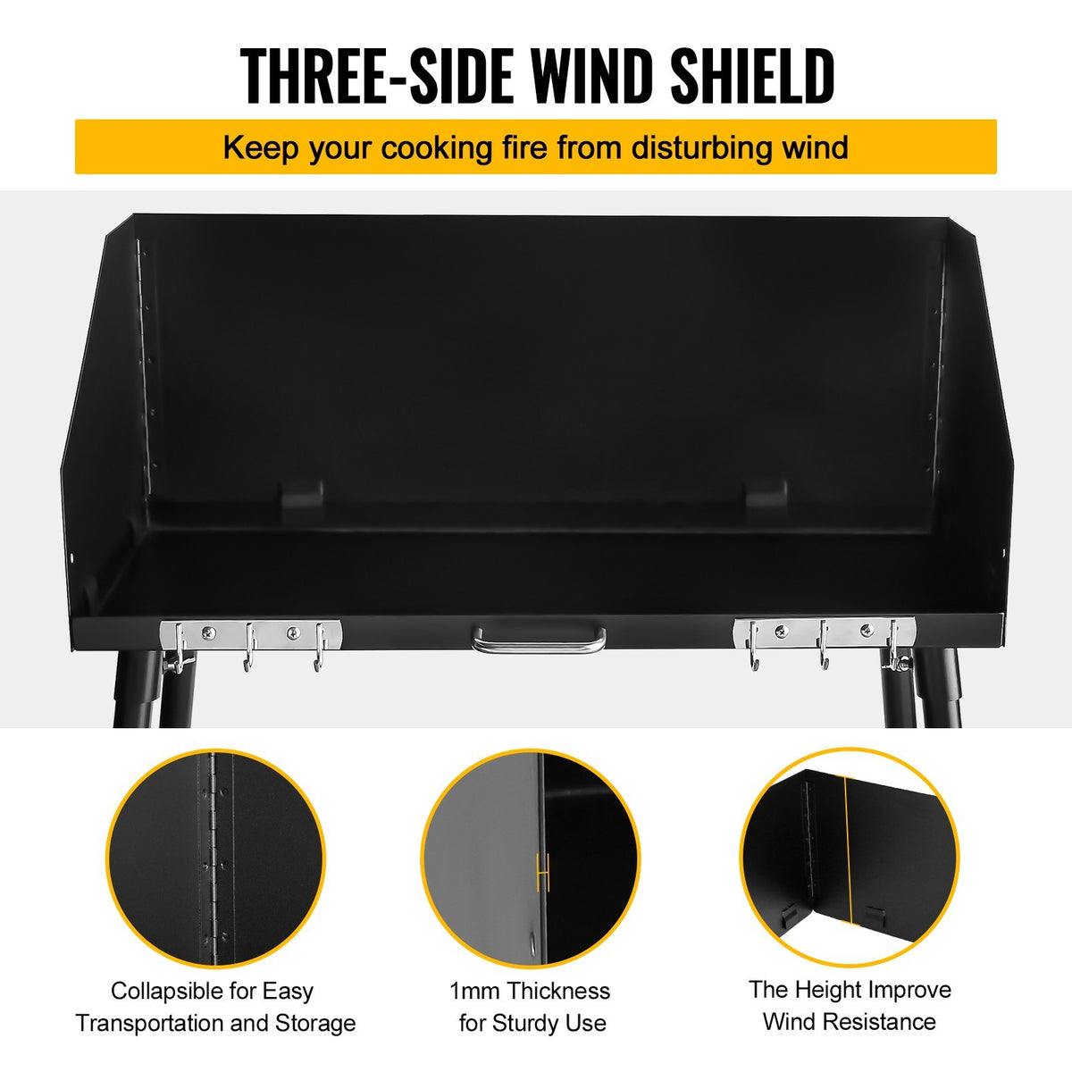 Camping Cooking Table with Windshield - 30x16 Inch Carbon Steel Portable Table