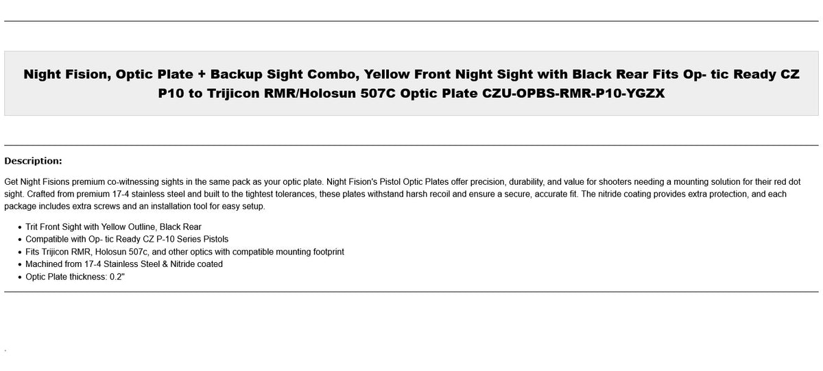Optic Mount Plate with Backup Sights for CZ P10 and RMR - Night Fision