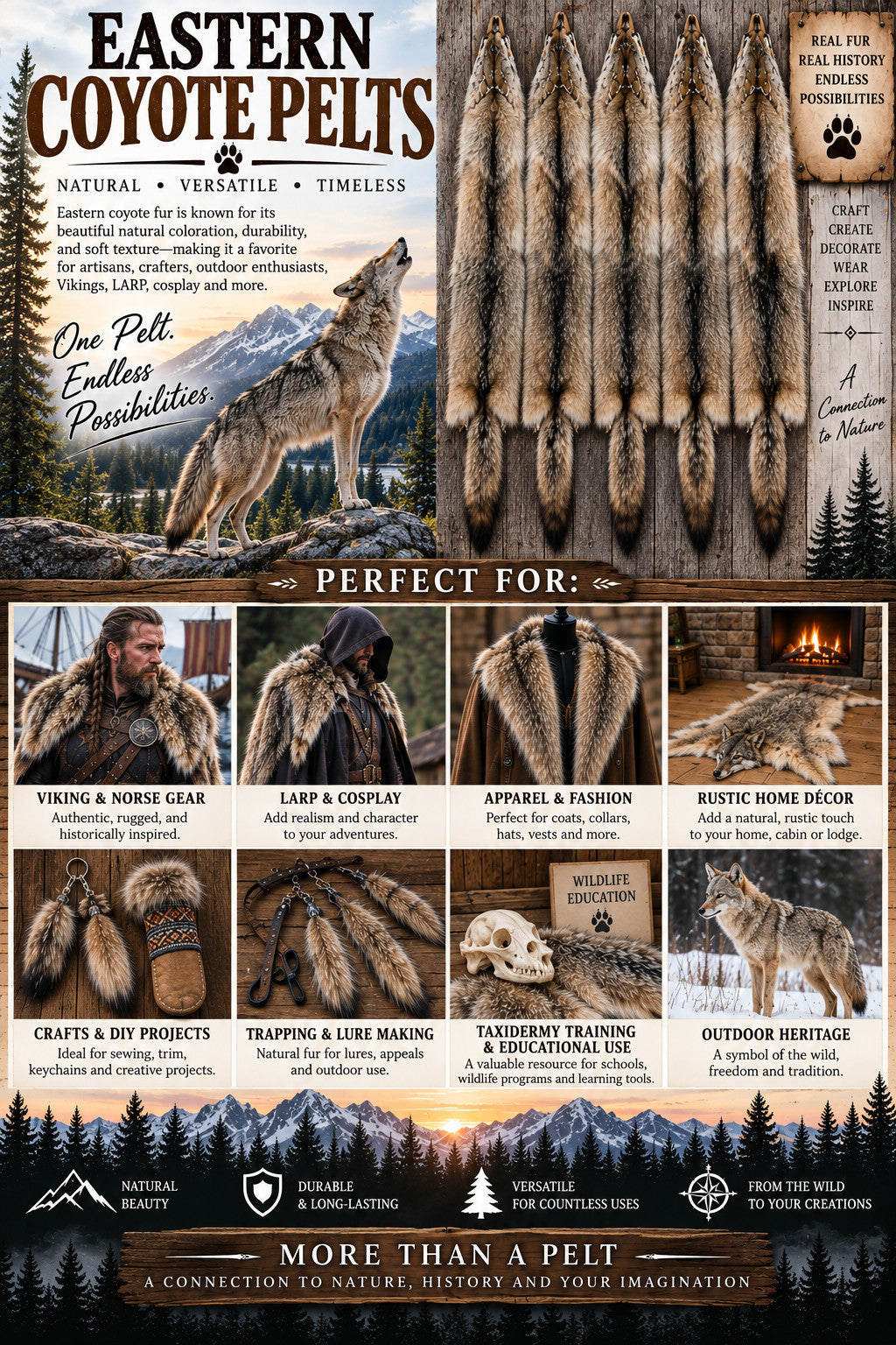 Eastern Coyote Pelt 55-60 Inch - Premium, Medium & Imperfect Grades