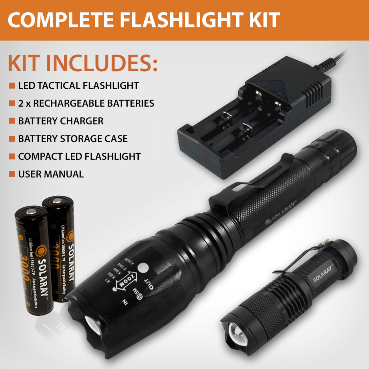 18650 LED Tactical Flashlight Kit with Zoom and 5 Light Modes