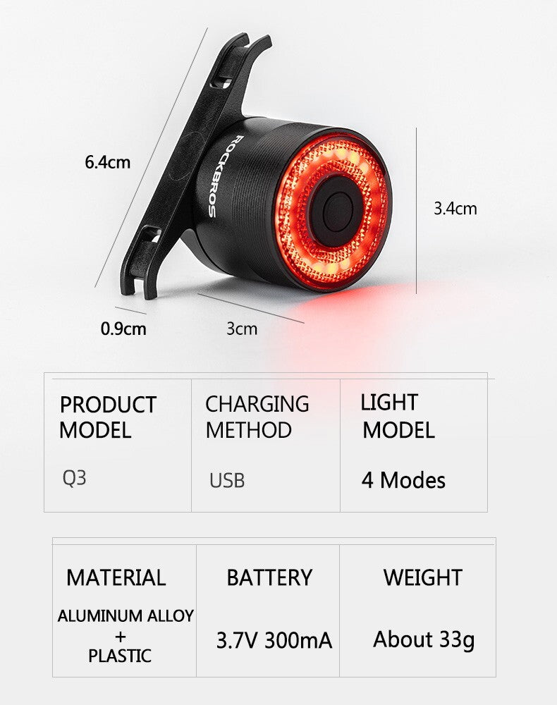 Bike Rear Light with 4 Modes Auto Brake Sensing Waterproof Safety Taillight