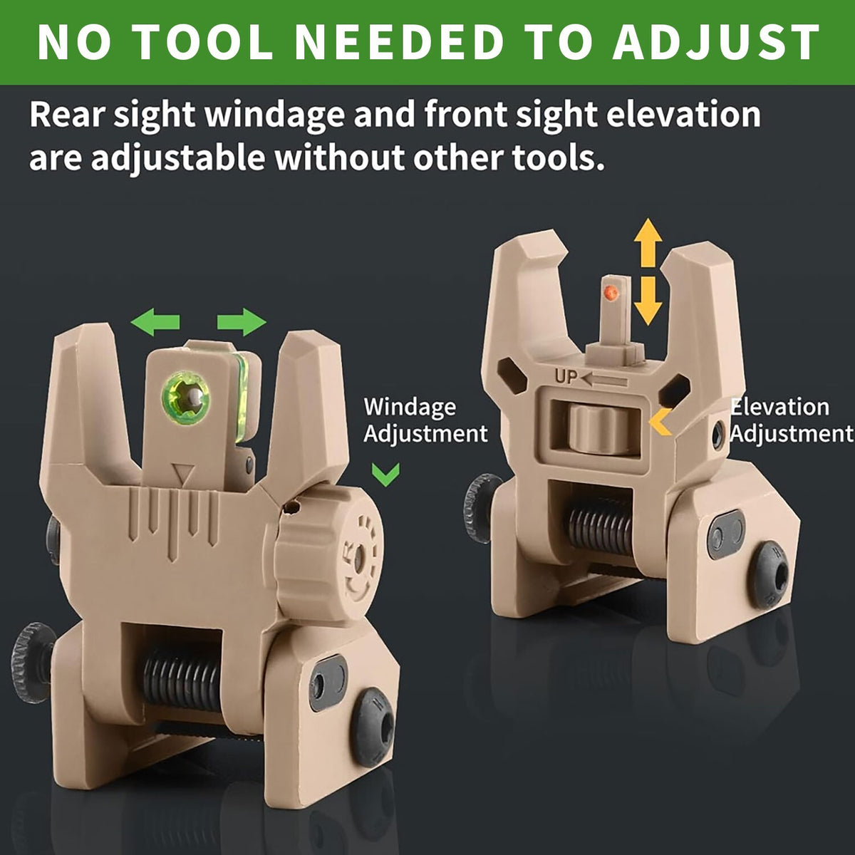 Foldable Iron Sights with Fiber Optics for Rifles - Flip-Up Dual Aiming Tan
