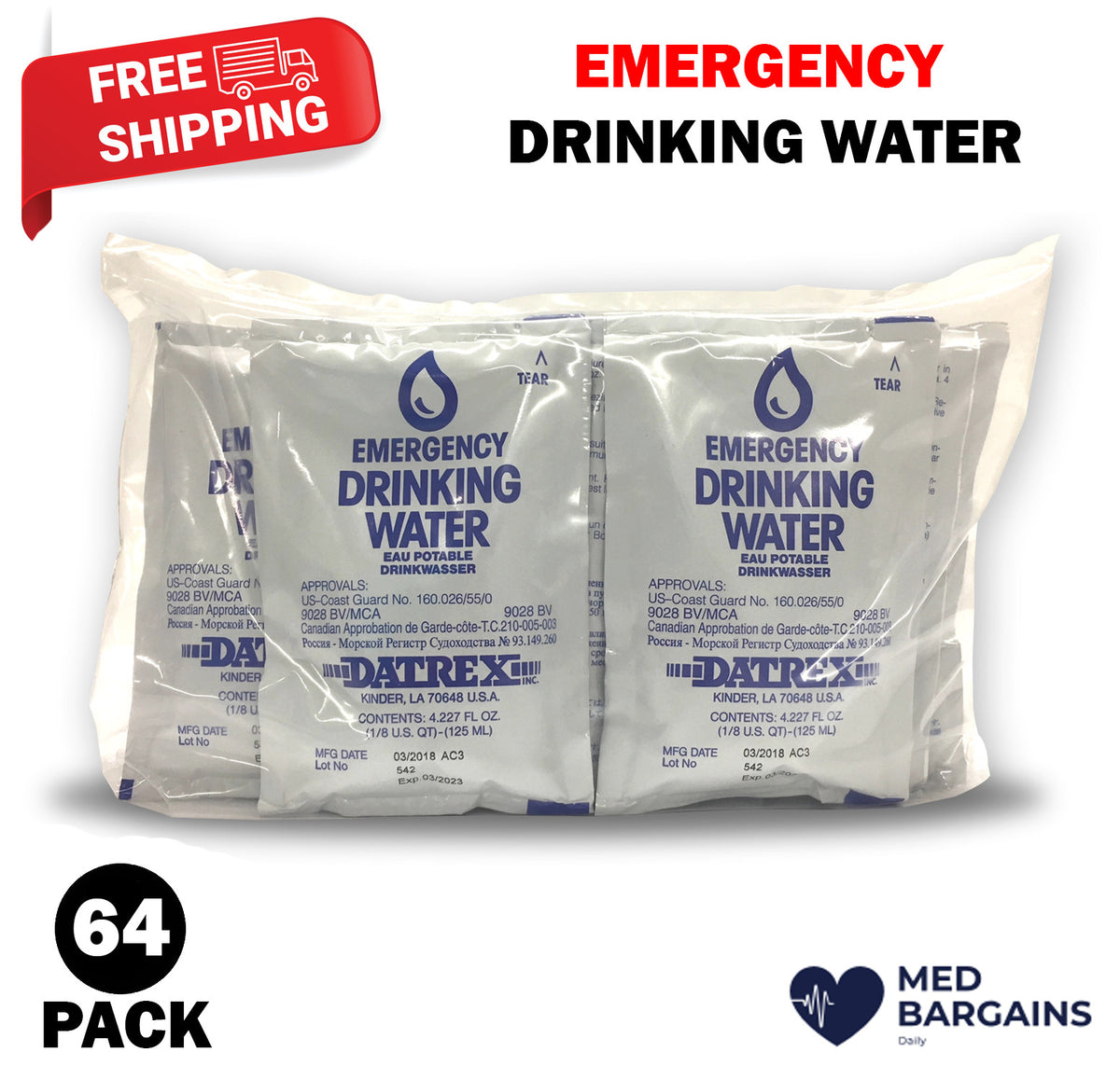 Emergency Drinking Water Pouches 4oz - 64 Pack, U.S. Coast Guard Approved