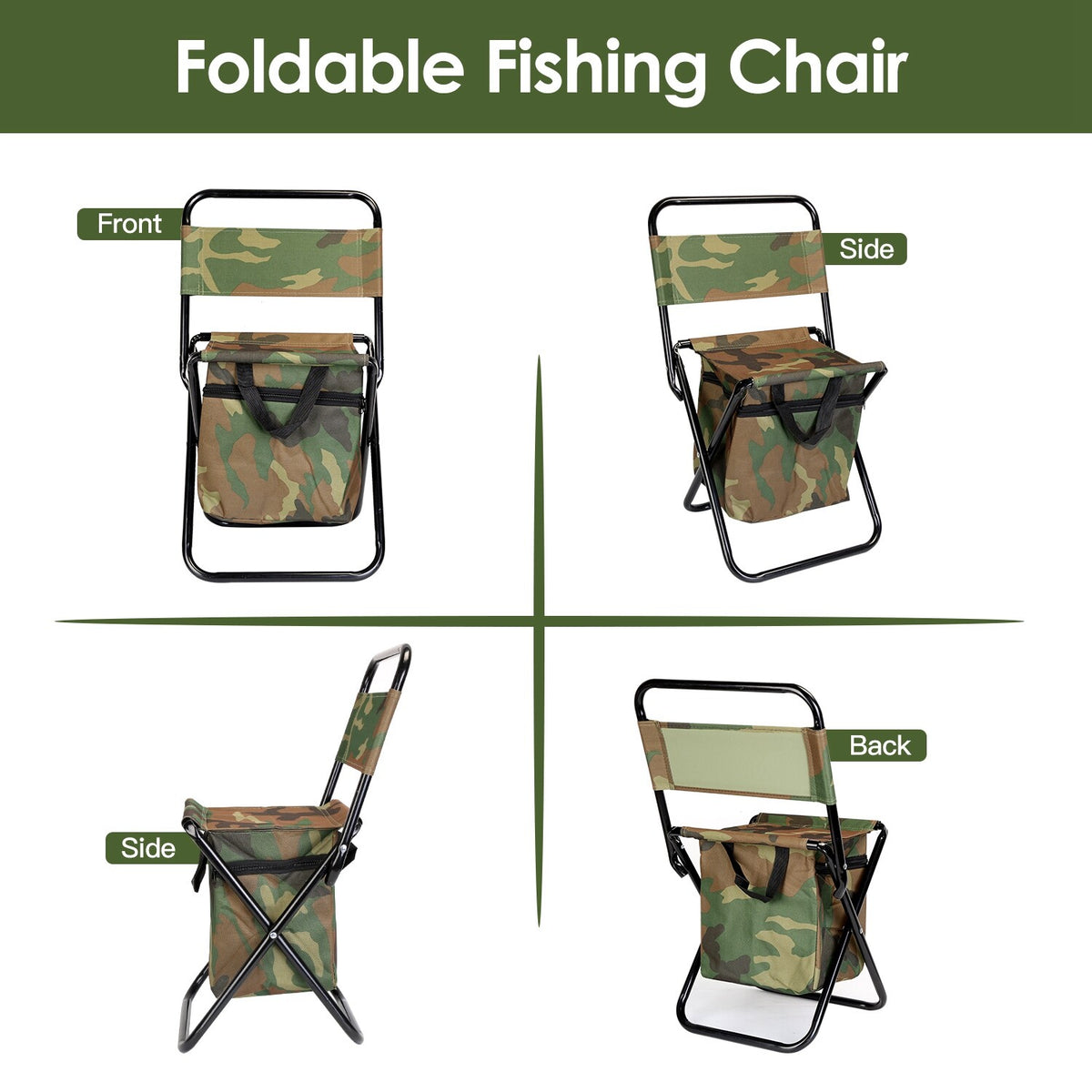 Portable Camping Chair with Cooler Bag and Backrest - Foldable Outdoor Stool
