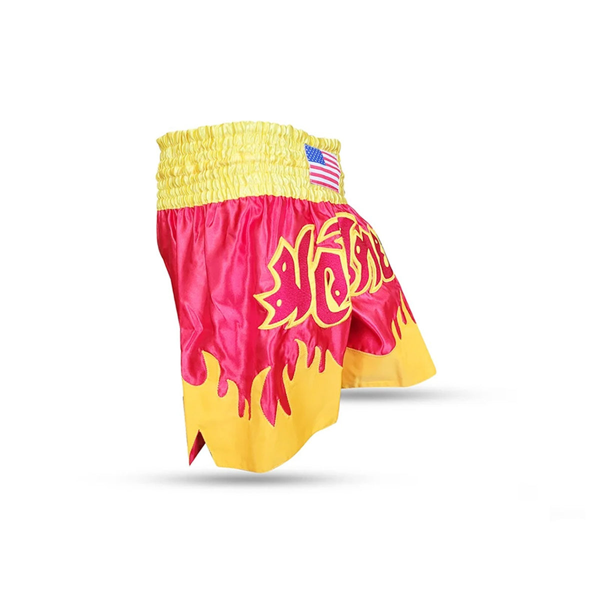 Men's Satin Muay Thai Boxing Shorts - Red & Yellow Fight Shorts for MMA Kickboxing
