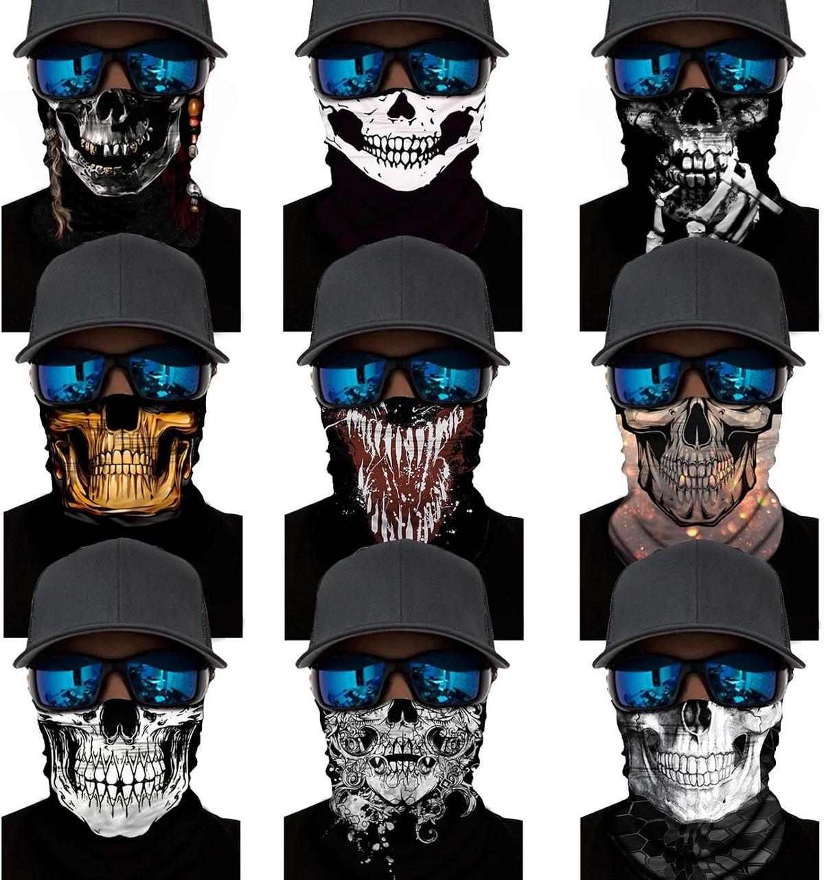 Men Women Skull Neck Gaiter Face Mask 9 Pack - Motorcycle & Outdoor Face Cover