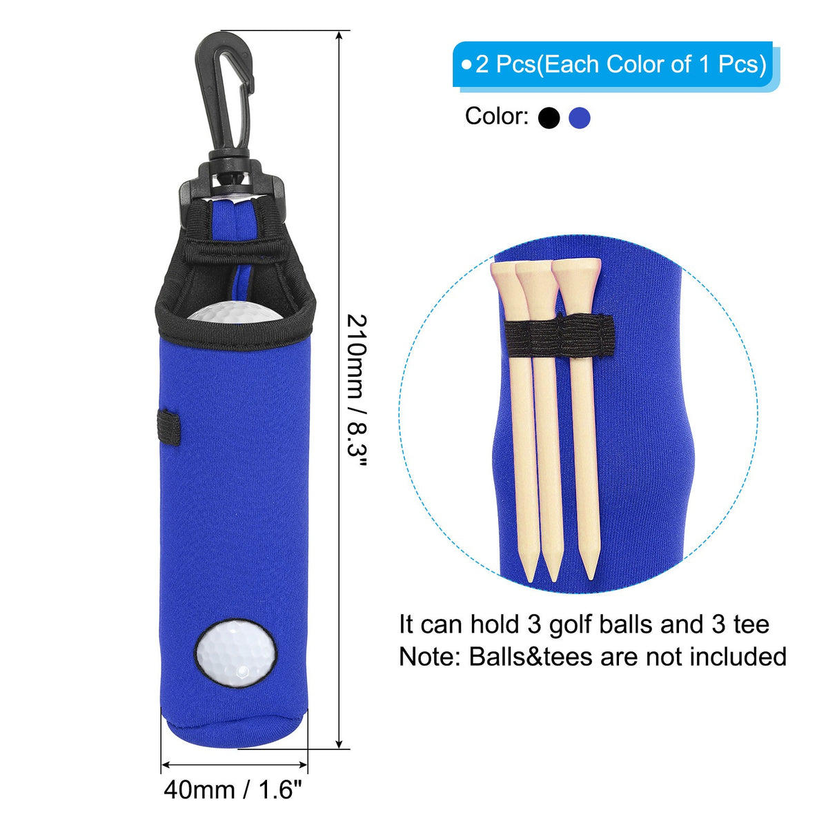 2-Pack Golf Ball Carry Bag Tee Holder Neoprene Pouches with Hook - Black & Blue