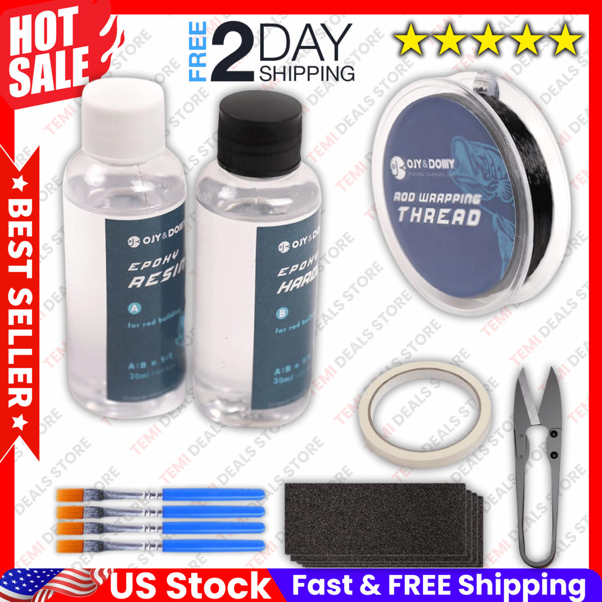 Fishing Rod Repair Kit with Epoxy Glue, Wrapping Thread, Clipper & Masking Tape
