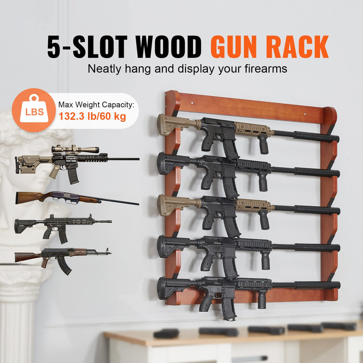 Wall Mount Gun Rack for Rifles - Holds 5 Firearms in Solid Wood