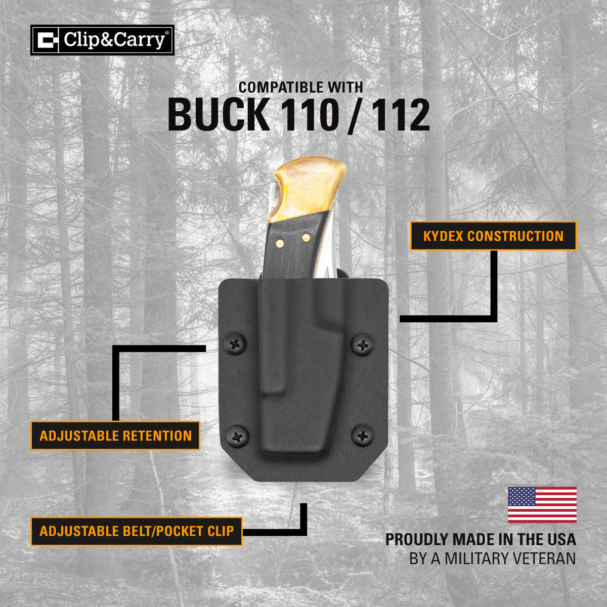 Kydex Sheath for Buck 110/112 Folding Knife - USA Made, Adjustable Carry Angle