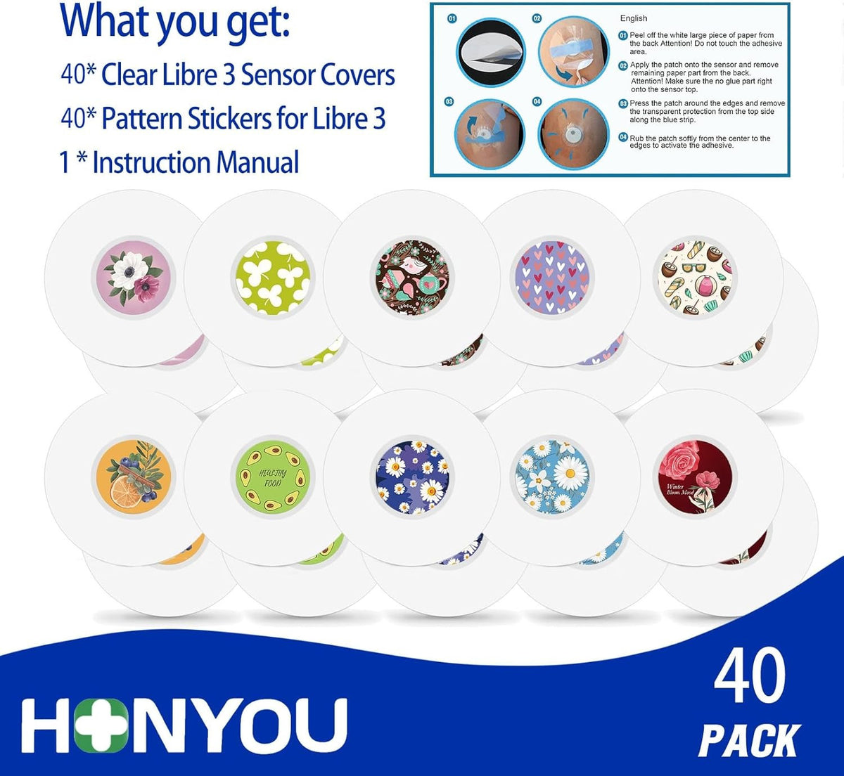 Waterproof Sensor Covers Set for Libre 3 Plus - 40 Pack Sticky Patches & Stickers