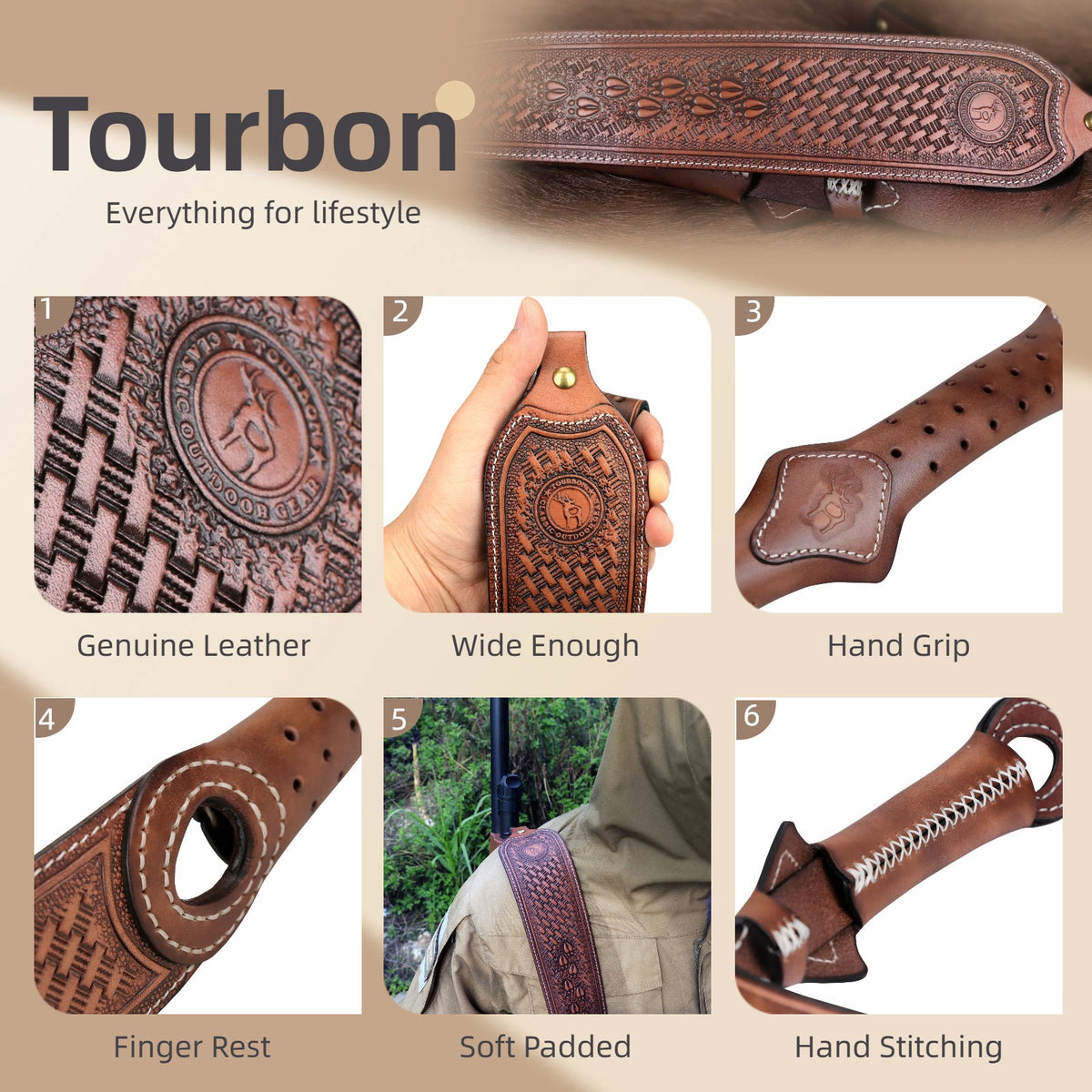 Leather Rifle Sling with Adjustable Strap & Non-Slip Shoulder Grip