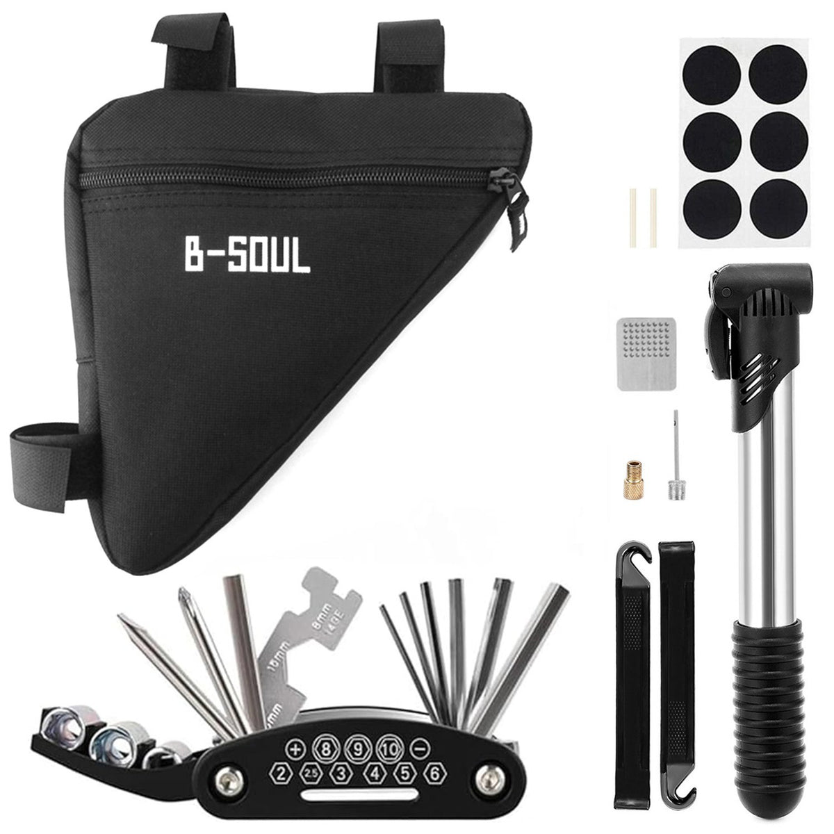 Bike Repair Kit with Water-Resistant Storage Bag 16-in-1 Multi-Tool & Tire Patches