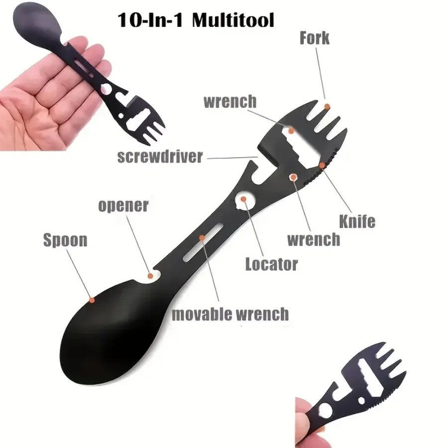 Multifunctional Camping Fork Spoon with Bottle Opener Stainless Steel 17.5cm