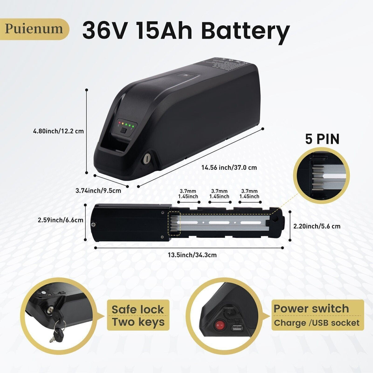 Electric Bicycle Battery 36V/48V/52V 20Ah 40A 5-Pin for eBike & Electric Bike