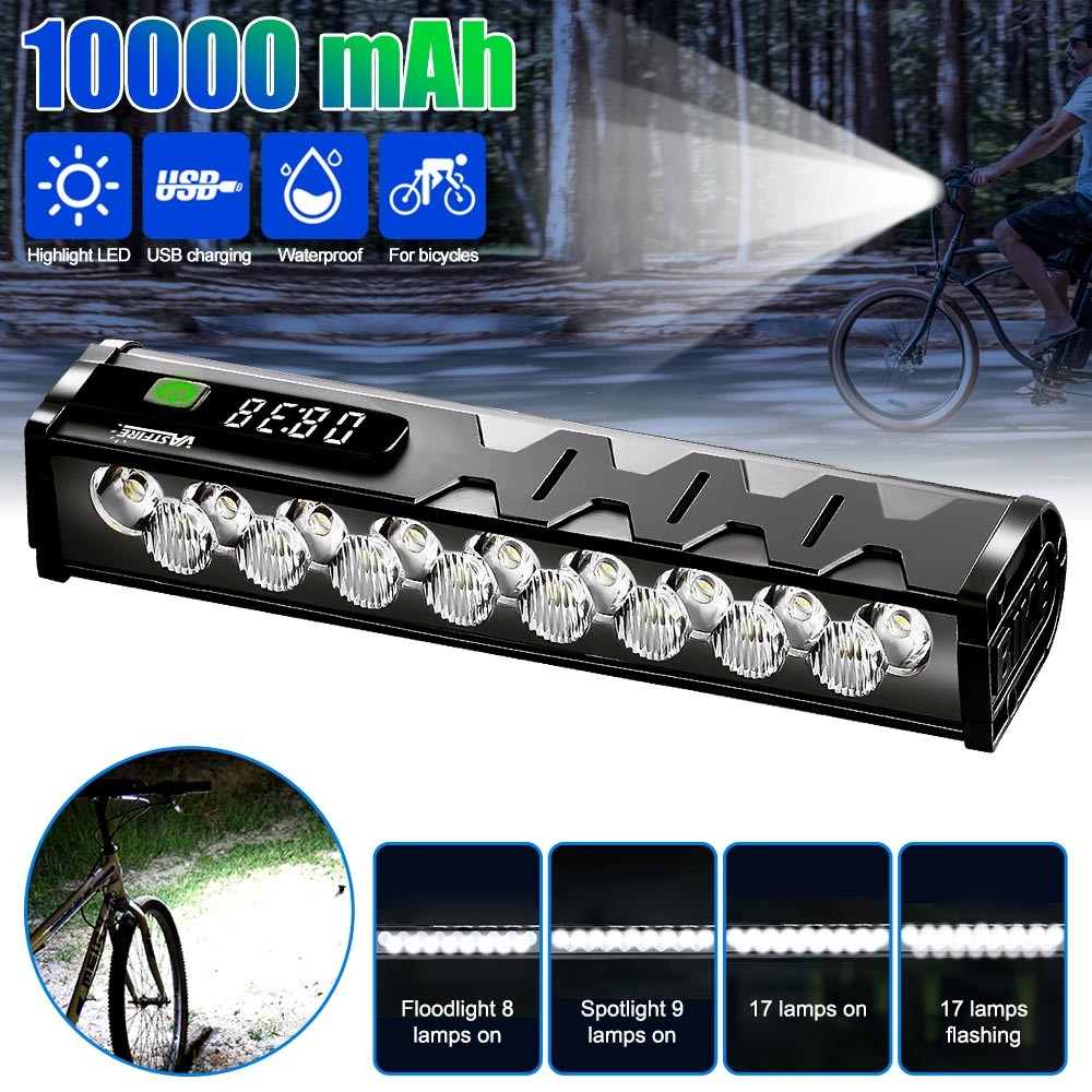 10,000mAh Bicycle LED Front & Rear Lights Set with USB Rechargeable Headlamp