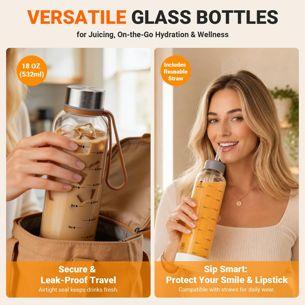 Glass Water Bottles 18 oz Pack of 6 with Leak-Proof Stainless Steel Lids