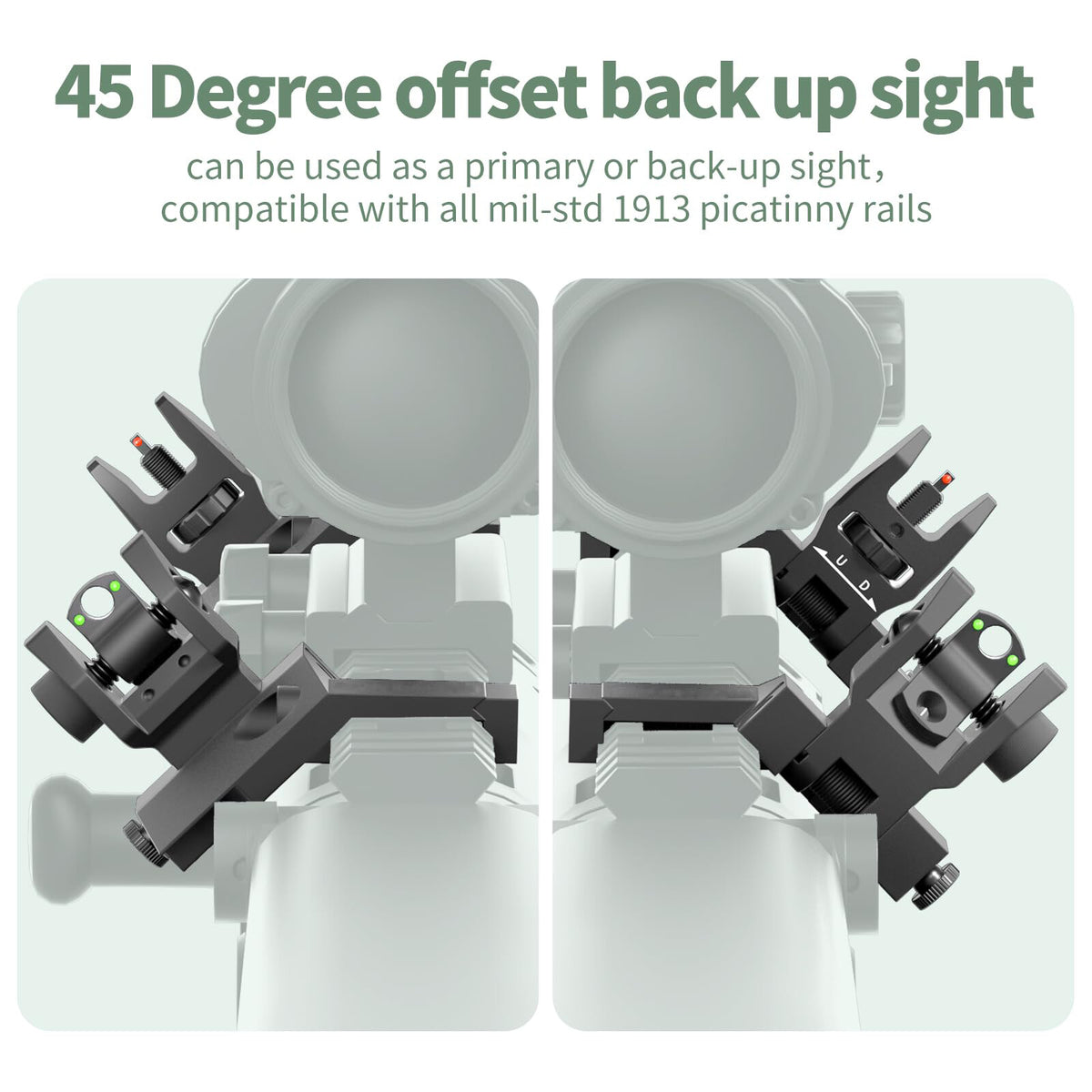 Tactical Fiber Optic Iron Sights 45 Degree Offset Flip Up for Rifles