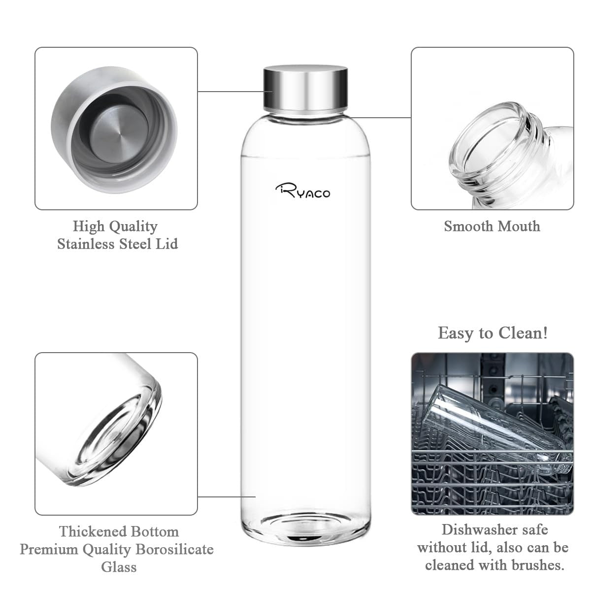 Borosilicate Glass Water Bottle 33oz/1L Leakproof BPA-Free Hydration