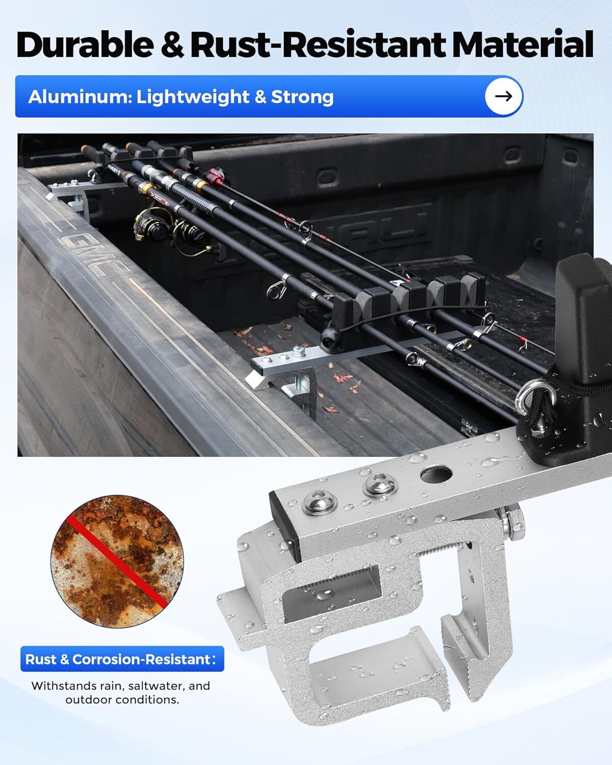 Heavy-Duty Aluminum 6-Rod Truck Bed Fishing Rod Rack Mount Vertical & Horizontal